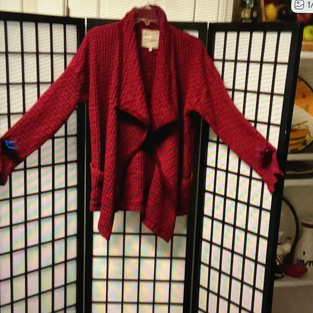 Red Textured Open Front Cardigan